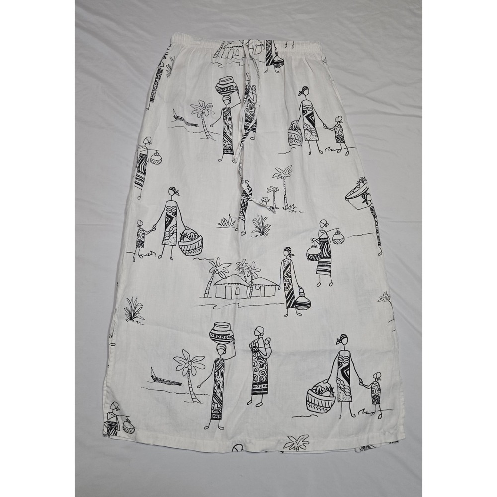 Hot Cotton Marc Ware Maxi Linen Skirt Large White/Black Village Print Made USA